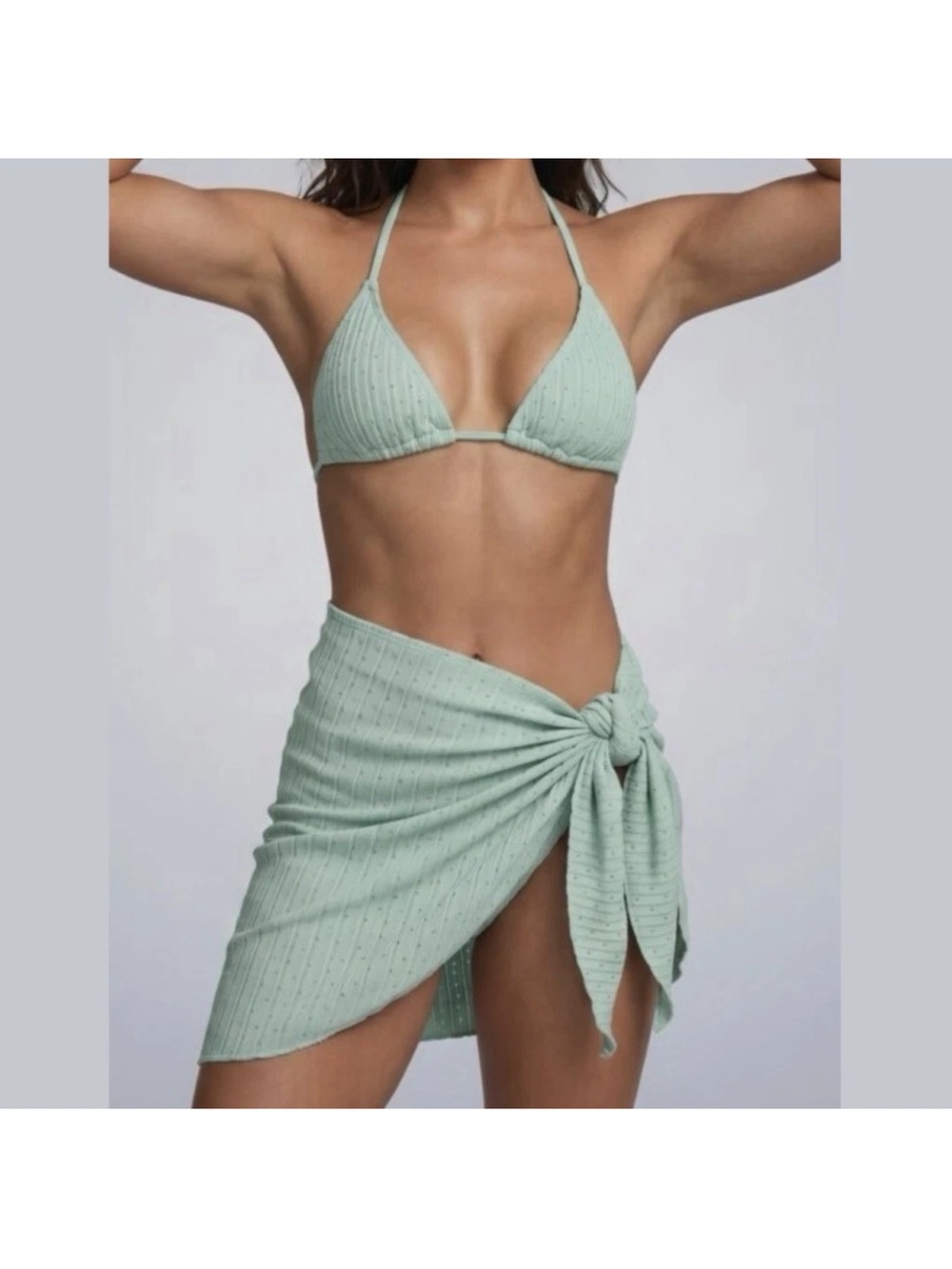Micas 3pc Swimsuit Bikini Set XL Mint Green Textured Triangle Top Beach Wrap New
